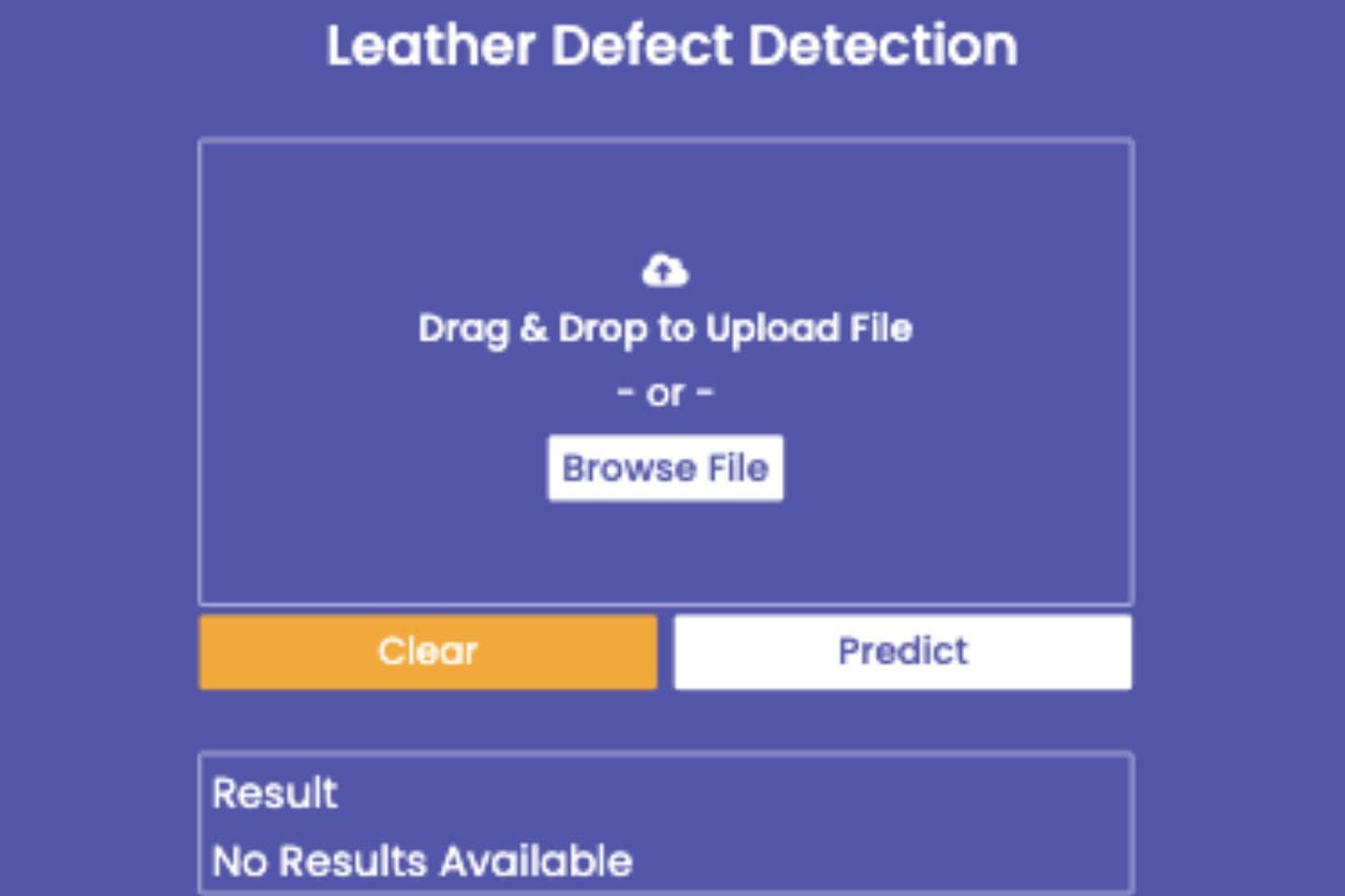 Screenshot of the Leather Defect Detection upload interface